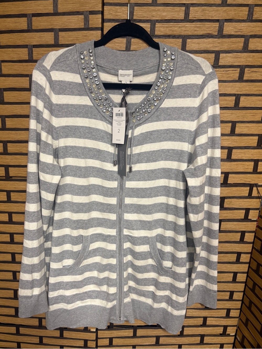 Zenergy by Chicos gray and white stripe zip up jeweled jacket size 2 (large)